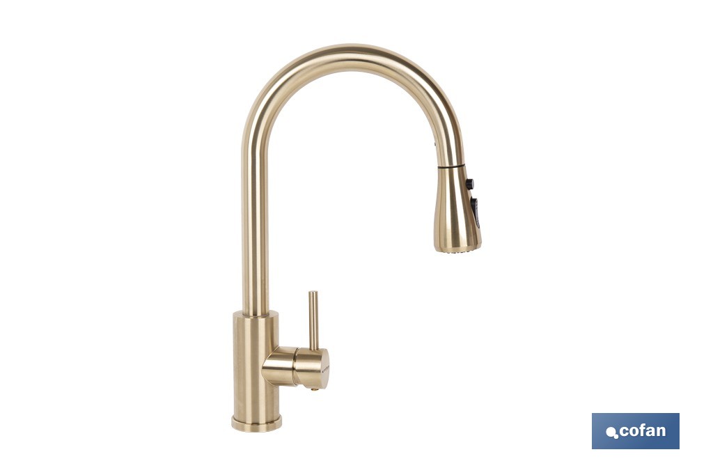 Grifo de cocina extensible dorado con 3 funciones y giro 360° | Material: acero inoxidable | Acabado cepillado | Cartucho cerámico Ø35 mm - Cofan