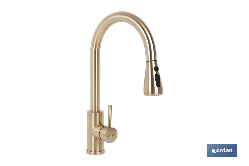 Grifo de cocina extensible dorado con 3 funciones y giro 360° | Material: acero inoxidable | Acabado cepillado | Cartucho cerámico Ø35 mm - Cofan