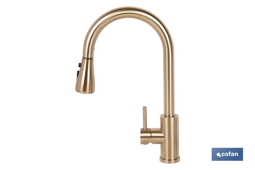 Grifo de cocina extensible dorado con 3 funciones y giro 360° | Material: acero inoxidable | Acabado cepillado | Cartucho cerámico Ø35 mm - Cofan