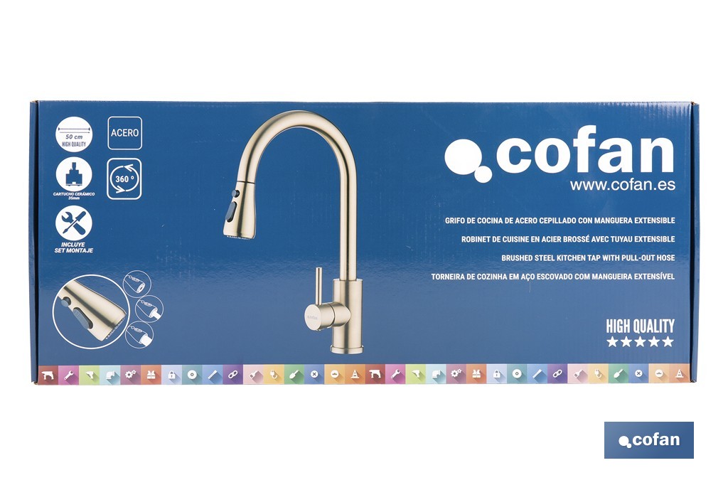 Grifo de cocina extensible dorado con 3 funciones y giro 360° | Material: acero inoxidable | Acabado cepillado | Cartucho cerámico Ø35 mm - Cofan