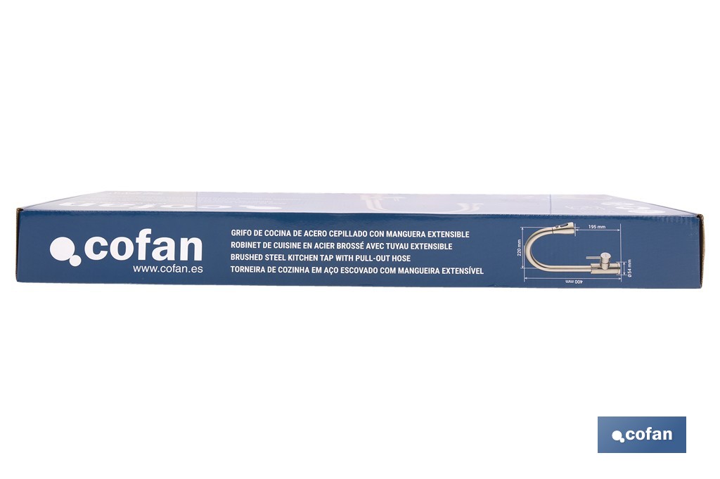 Grifo de cocina extensible dorado con 3 funciones y giro 360° | Material: acero inoxidable | Acabado cepillado | Cartucho cerámico Ø35 mm - Cofan