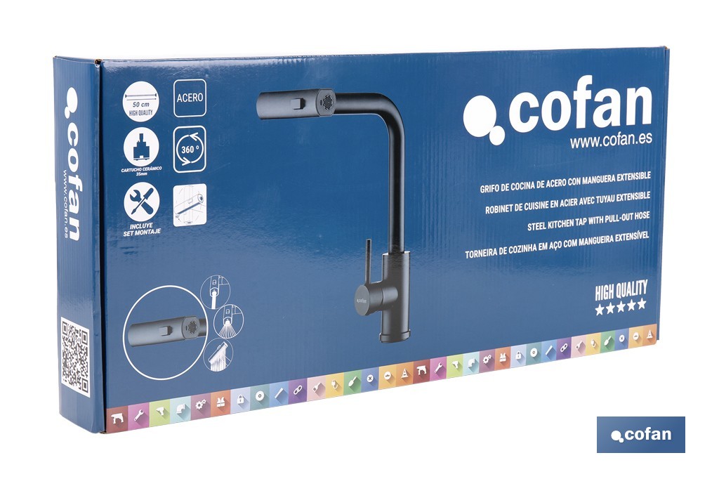Grifo de cocina negro con 3 funciones y giro 360º | Material: acero inoxidable 304 | Cartucho cerámico de Ø35 mm - Cofan