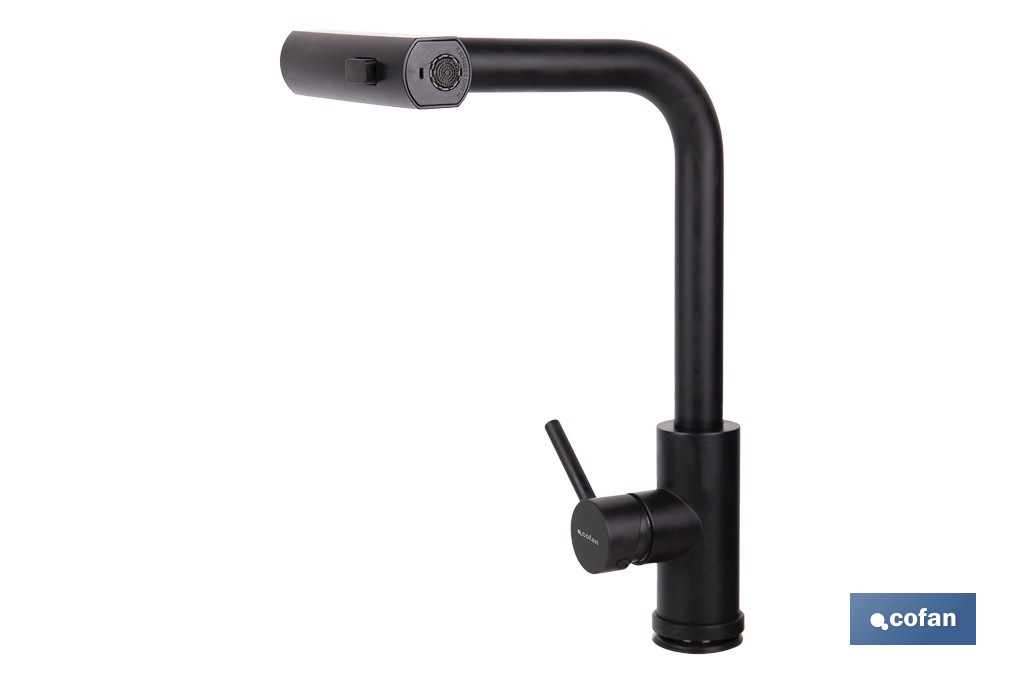 Grifo de cocina negro con 3 funciones y giro 360º | Material: acero inoxidable 304 | Cartucho cerámico de Ø35 mm - Cofan