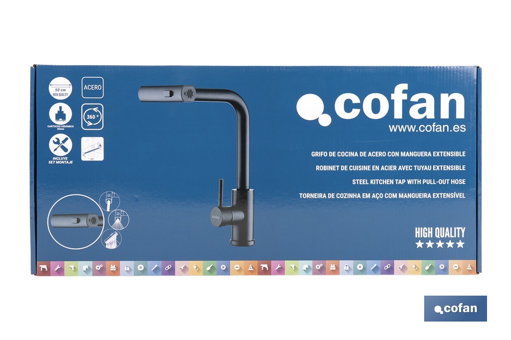 Grifo de cocina negro con 3 funciones y giro 360º | Material: acero inoxidable 304 | Cartucho cerámico de Ø35 mm - Cofan