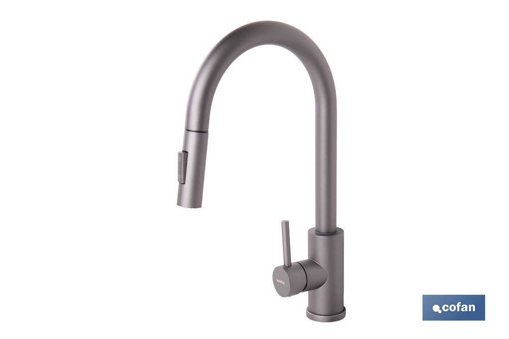 Grifo de cocina extensible con rociador de 2 funciones | Giratorio 360° | Cartucho cerámico de Ø35 mm y latiguillos de 50 cm | Disponible en diferentes acabados - Cofan