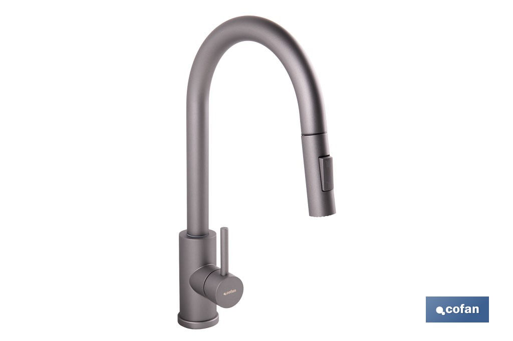 Grifo de cocina extensible con rociador de 2 funciones | Giratorio 360° | Cartucho cerámico de Ø35 mm y latiguillos de 50 cm | Disponible en diferentes acabados - Cofan