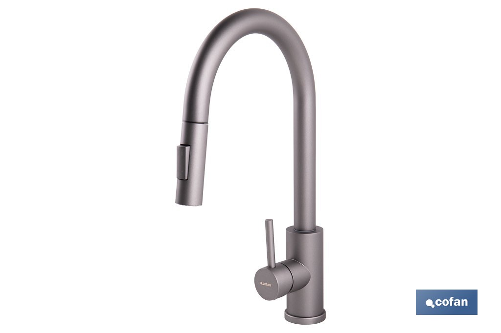 Grifo de cocina extensible con rociador de 2 funciones | Giratorio 360° | Cartucho cerámico de Ø35 mm y latiguillos de 50 cm | Disponible en diferentes acabados - Cofan