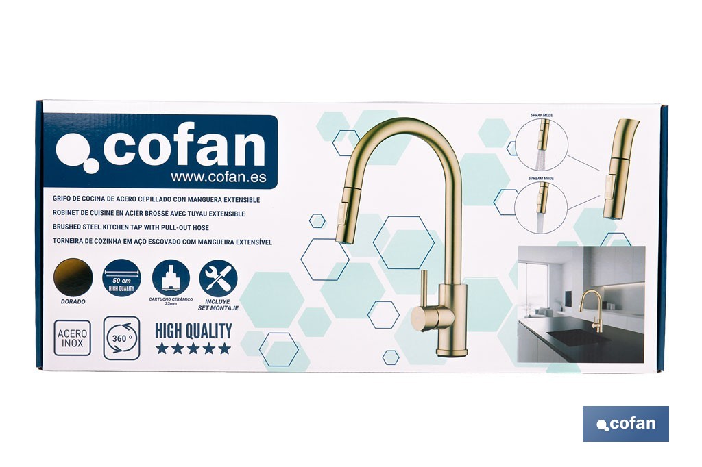 Grifo de cocina extensible con rociador de 2 funciones | Giratorio 360° | Cartucho cerámico de Ø35 mm y latiguillos de 50 cm | Disponible en diferentes acabados - Cofan