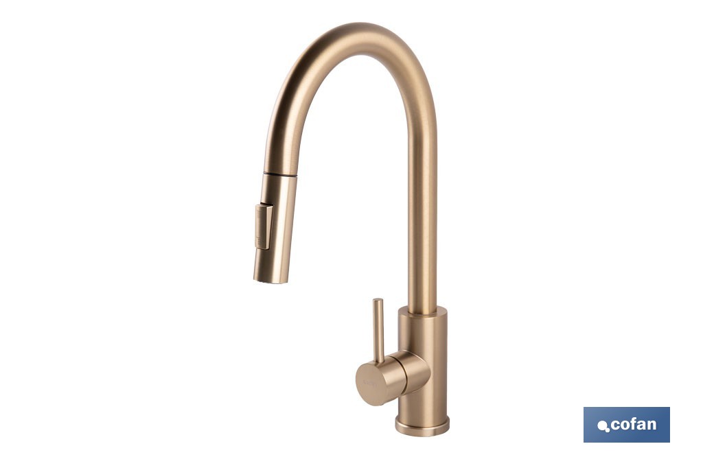 Grifo de cocina extensible con rociador de 2 funciones | Giratorio 360° | Cartucho cerámico de Ø35 mm y latiguillos de 50 cm | Disponible en diferentes acabados - Cofan