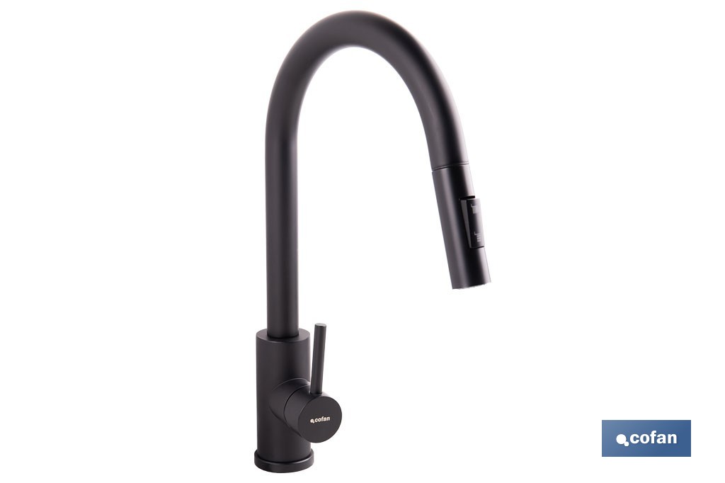 Grifo de cocina extensible con rociador de 2 funciones | Giratorio 360° | Cartucho cerámico de Ø35 mm y latiguillos de 50 cm | Disponible en diferentes acabados - Cofan