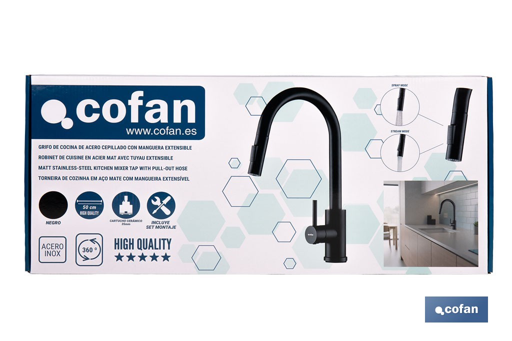 Grifo de cocina extensible con rociador de 2 funciones | Giratorio 360° | Cartucho cerámico de Ø35 mm y latiguillos de 50 cm | Disponible en diferentes acabados - Cofan