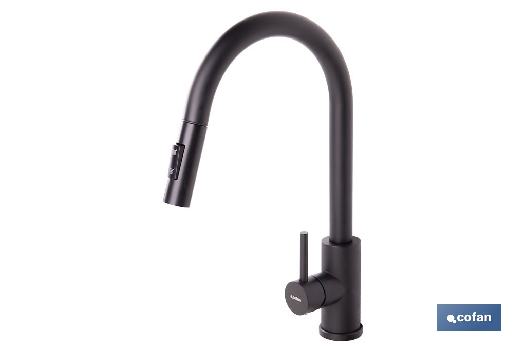 Grifo de cocina extensible con rociador de 2 funciones | Giratorio 360° | Cartucho cerámico de Ø35 mm y latiguillos de 50 cm | Disponible en diferentes acabados - Cofan