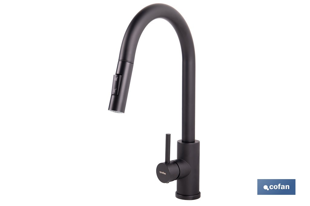 Grifo de cocina extensible con rociador de 2 funciones | Giratorio 360° | Cartucho cerámico de Ø35 mm y latiguillos de 50 cm | Disponible en diferentes acabados - Cofan