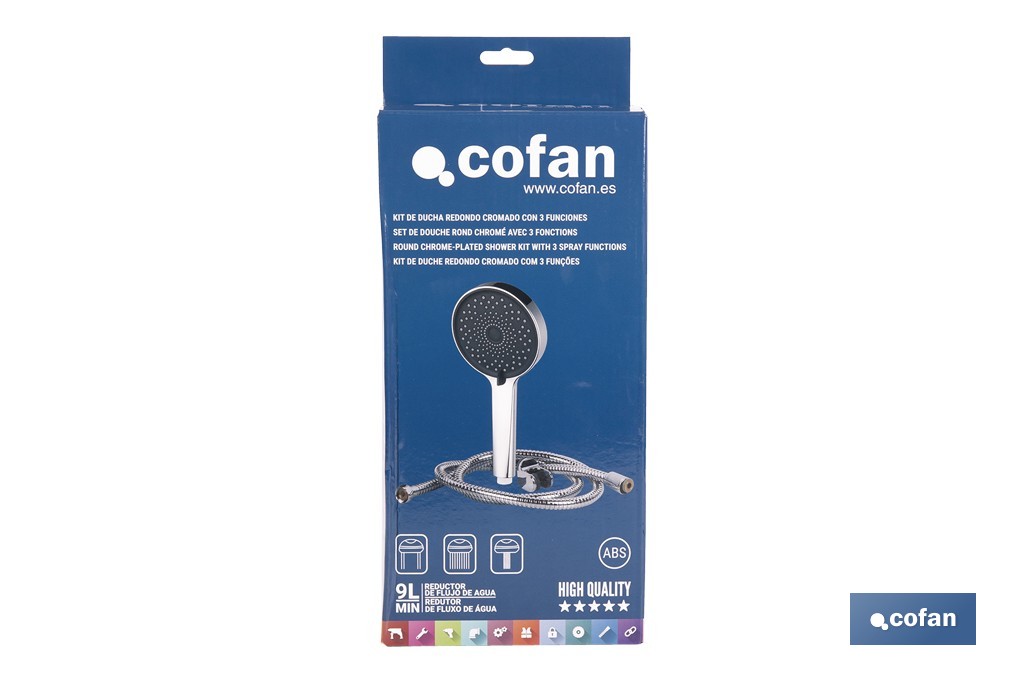 Kit de Ducha: Mango + Flexo + Soporte | Mango con 3 Funciones | Fabricado en ABS cromado - Cofan