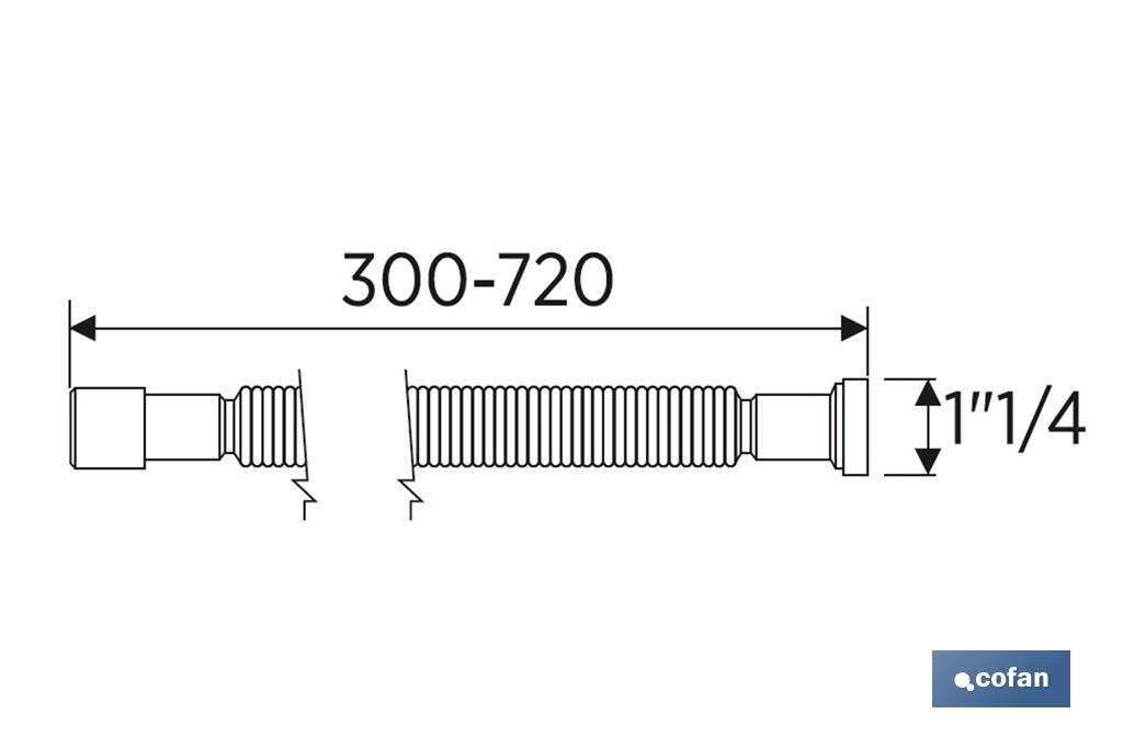 Tubo flessibile metallizzato | Lunghezza: 300-720 mm | Per lavabo e bidet | Dimensioni: 1" 1/2 Ø32-40 mm o 2" 2/2 Ø40-50 mm - Cofan