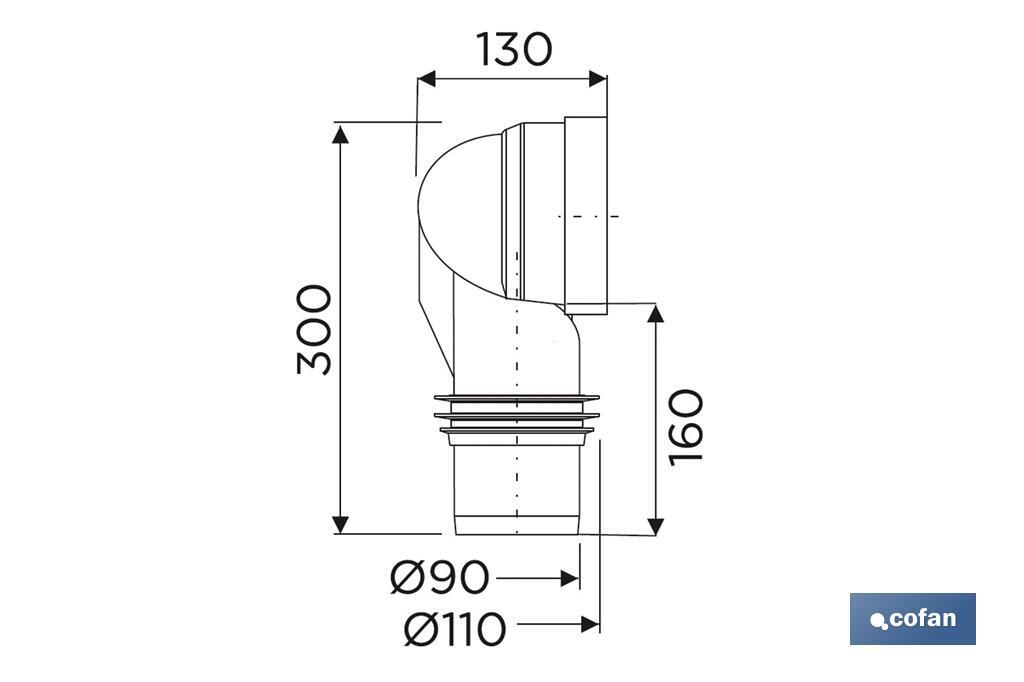 Manicotto di collegamento | Curva tecnica 90º per water | Include una guarnizione a labbro Ø110 mm | Realizzato in polipropilene - Cofan