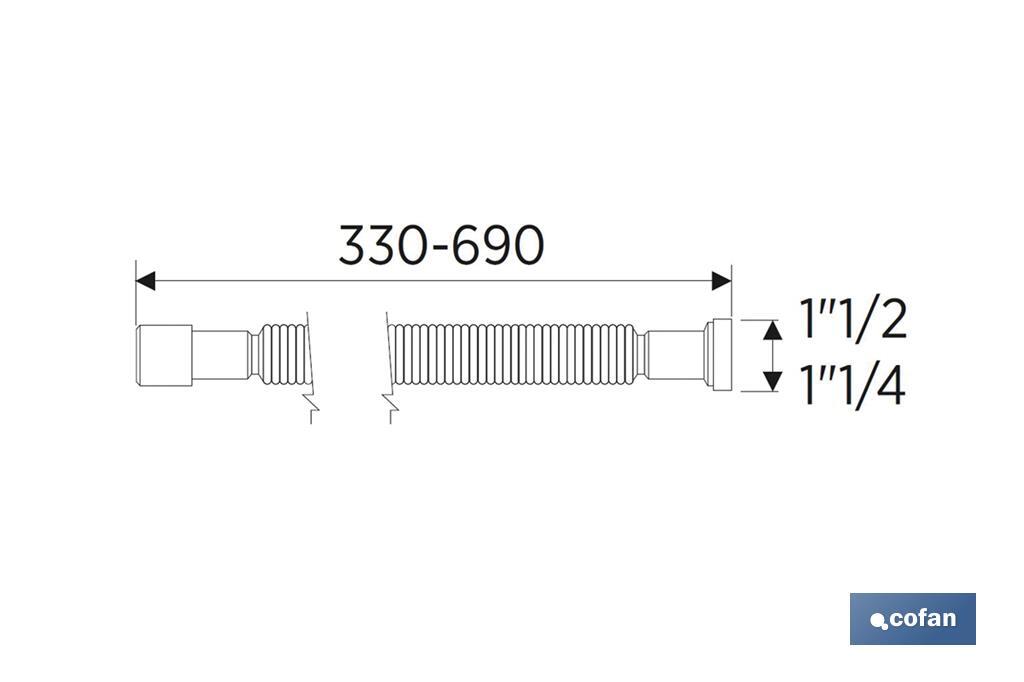 Tubo flexível 1" 1/2 com redutor 1" 1/4 | Cor Branco | Medidas 330-690 mm | Para válvulas de bacia-bidê ou pia - Cofan