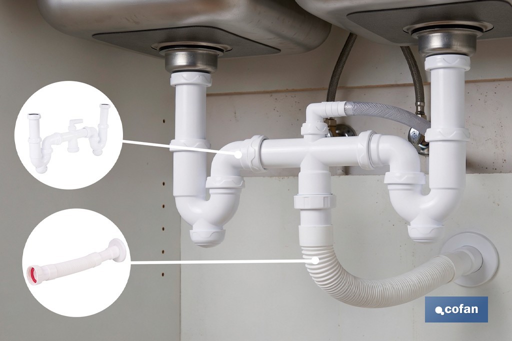 Tubo flexible y extensible para desagüe | Adecuado para lavabo y fregadero | Incluye embellecedor y junta plana | Disponible en diferentes medidas - Cofan