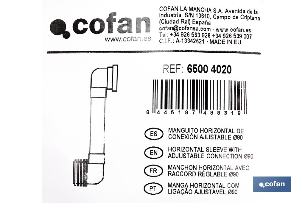 Manguito horizontal ajustable para inodoro | Salida horizontal de Ø90-110 mm y entrada de Ø90 mm | Manguito extensible 170-490 mm - Cofan