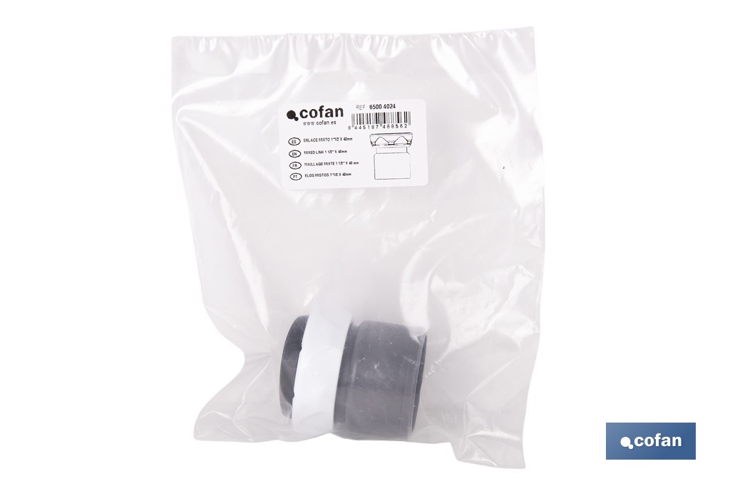 Enlace mixto 1 1/2" x 40 mm | Conector rosca a tubo liso con tuerca | Conector para sifón y tuberías de Ø40 mm - Cofan