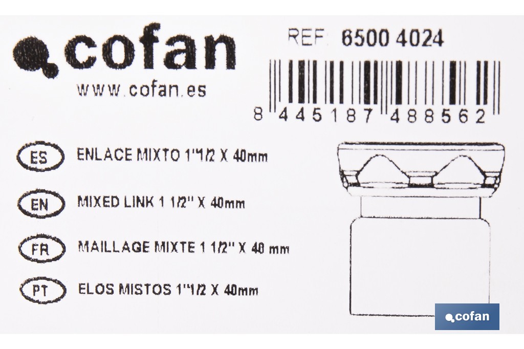 Enlace mixto 1 1/2" x 40 mm | Conector rosca a tubo liso con tuerca | Conector para sifón y tuberías de Ø40 mm - Cofan