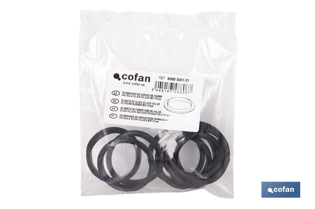 Bolsa de 10 gomas para válvula click-clack | Junta de caucho para cierre hermético | Medidas: Ø31-37 mm - Cofan