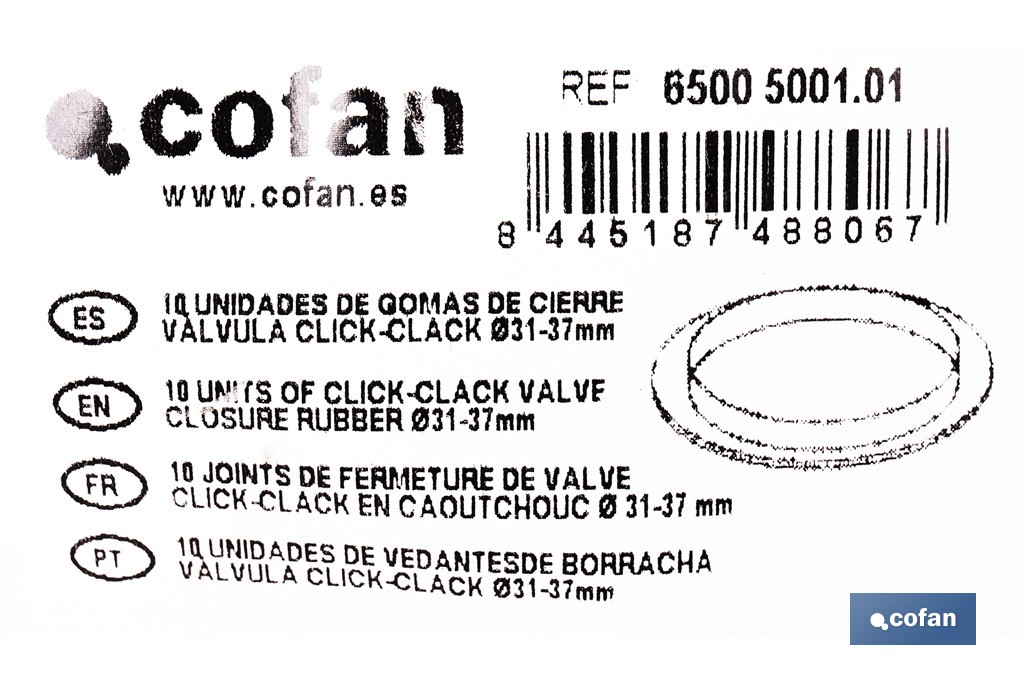 Bolsa de 10 gomas para válvula click-clack | Junta de caucho para cierre hermético | Medidas: Ø31-37 mm - Cofan