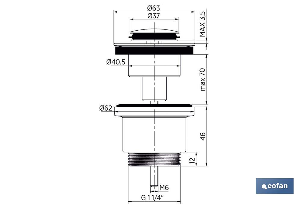 Válvula Click-Clack | Fabricada em latão Cromado | Rosca 1" 1/4 | Inclui Tampa Pequena de Ø37 mm - Cofan