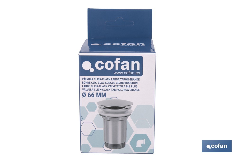 Válvula Click-Clack Larga | Fabricada en Latón Cromado |Rosca 1" 1/4 | Incluye Tapón cromado grande de Ø63 mm - Cofan