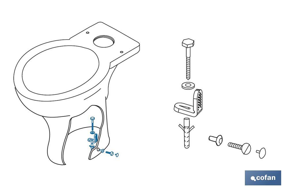 Set of Screws | Toilet Fixing Screws | Horizontal | Set of Bracket, Two Screws, Cups and A Wall Plug - Cofan