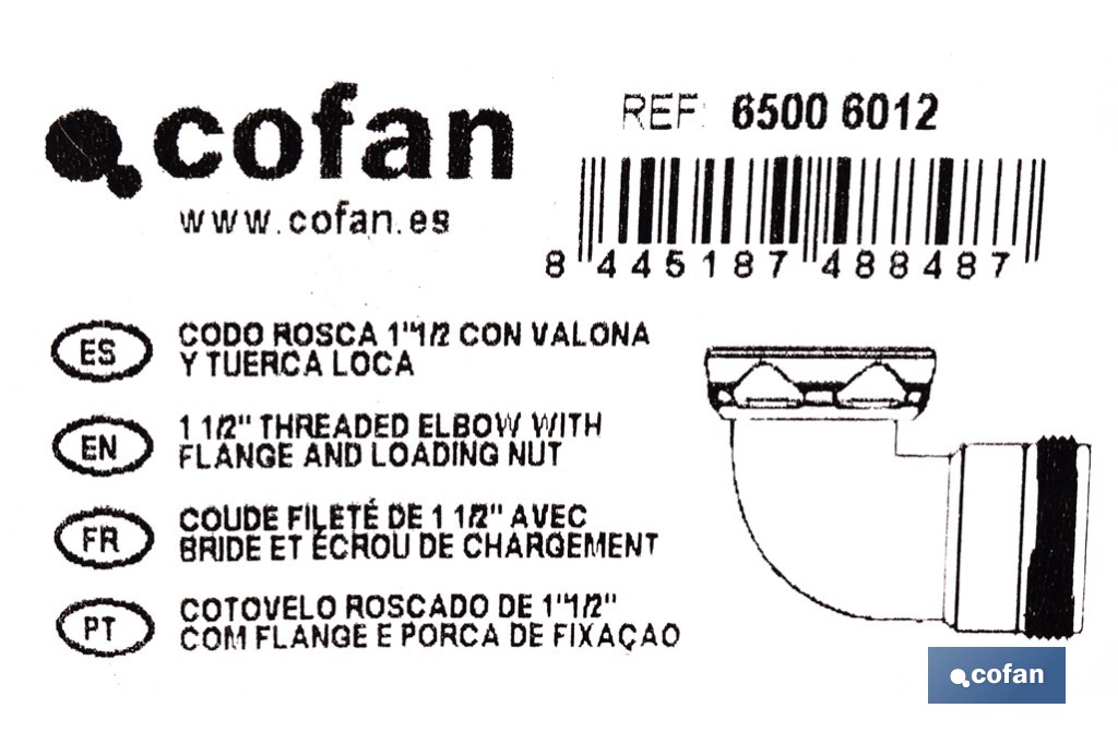Codo rosca 1 1/2" con valona y tuerca loca | Adecuado para lavabos y fregaderos | Compatible con sifones estándar 1 1/2" - Cofan