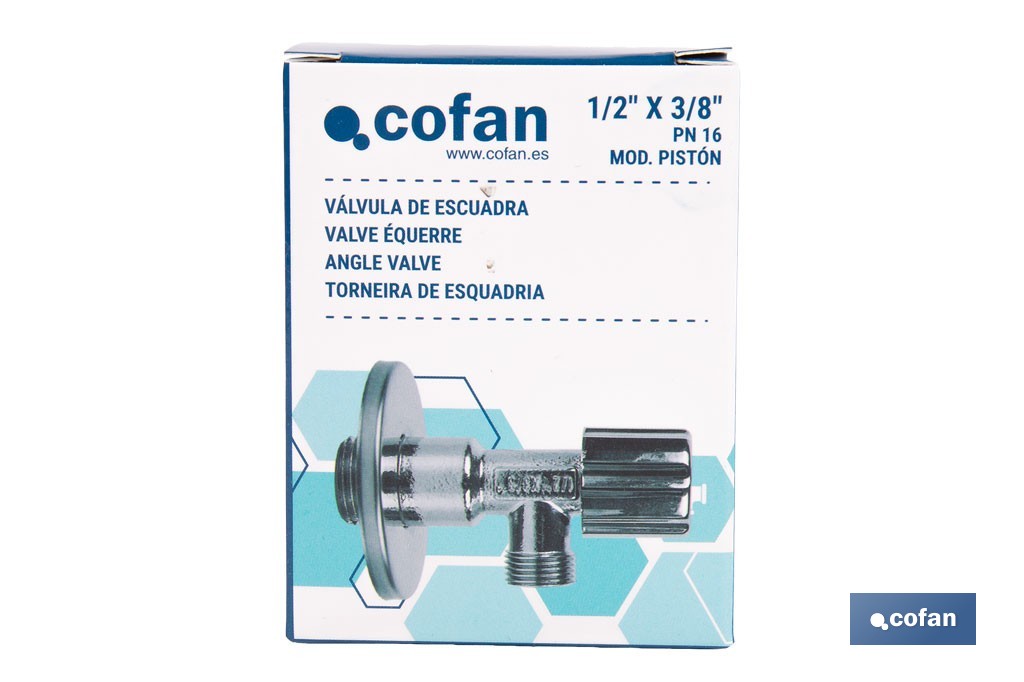 Válvula de Esquadria | Modelo Pistón | Medidas: 1/2" x 3/8" | Fabricada em Latão CV617N | Fecho e Abertura com pistão regulável - Cofan