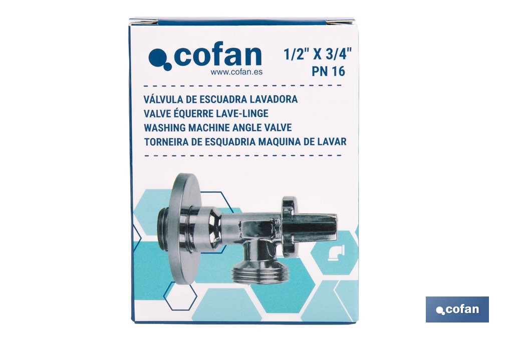 Válvula de Esquadria para máquina de lavar| Medidas: 1/2" x 3/4" | Fabricada em Latão CV617N | Fecho e Abertura 1/4 de Volta - Cofan