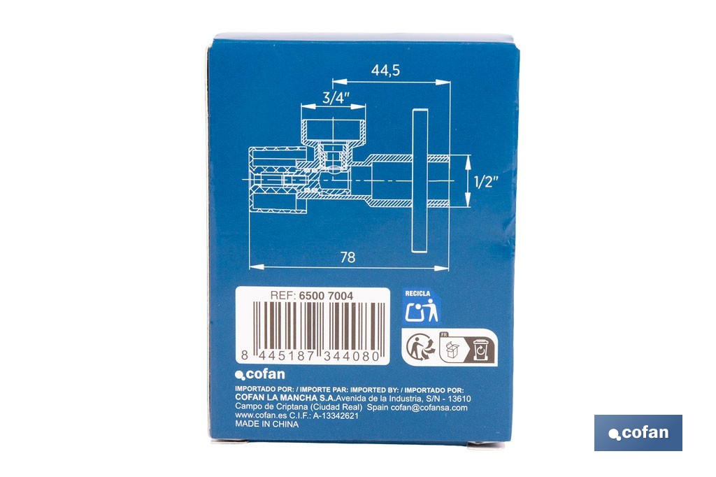 Válvula de Esquadria para máquina de lavar| Medidas: 1/2" x 3/4" | Fabricada em Latão CV617N | Fecho e Abertura 1/4 de Volta - Cofan