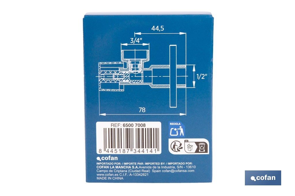 Válvula de Esquadria para máquina de lavar| Medidas: 1/2" x 3/4" | Fabricada em Latão CV617N | Fecho e Abertura 1/4 de Volta - Cofan