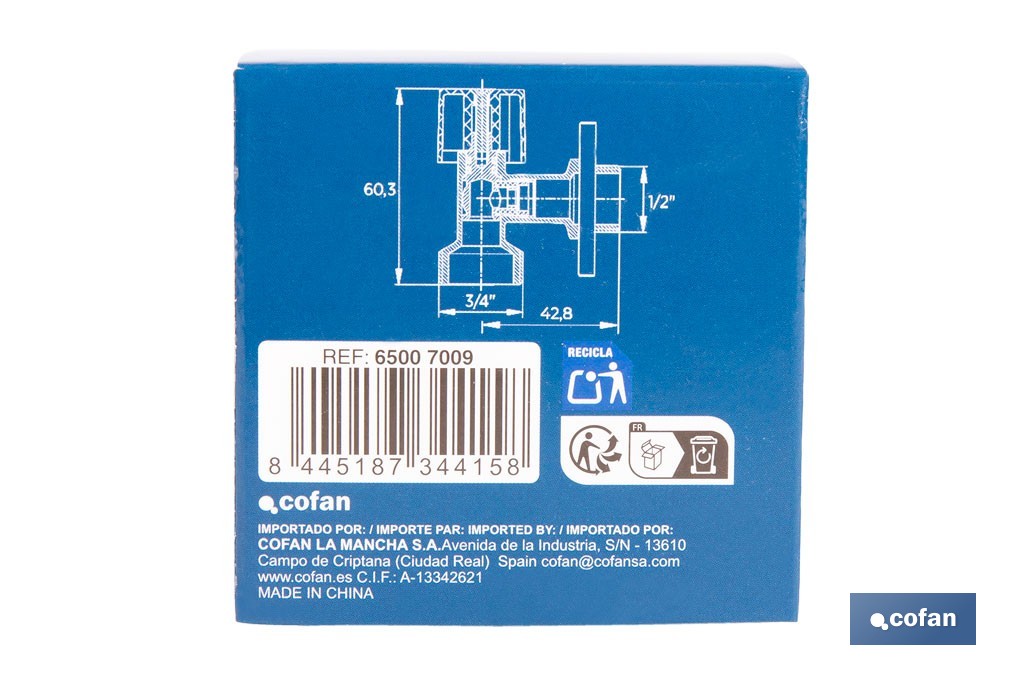 Válvula de Esquadria para máquina de lavar| Medidas: 1/2" x 3/4" | Fabricada em Latão CV617N | Fecho e Abertura 1/4 de Volta - Cofan