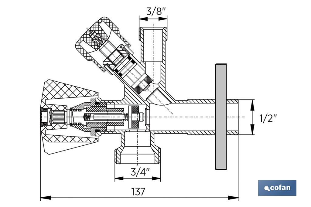 Angle Valve | Size: 1/2" x 3/4" x 3/8" | Combi Model | Brass CW617N | Gas Inlet Thread - Cofan