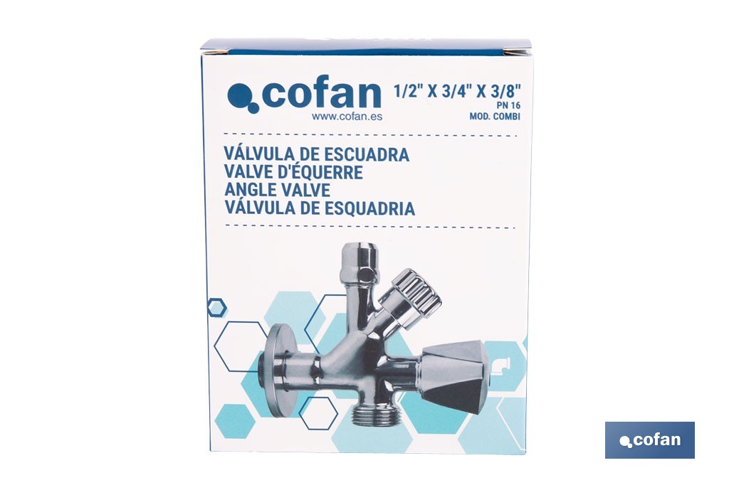 Angle Valve | Size: 1/2" x 3/4" x 3/8" | Combi Model | Brass CW617N | Gas Inlet Thread - Cofan