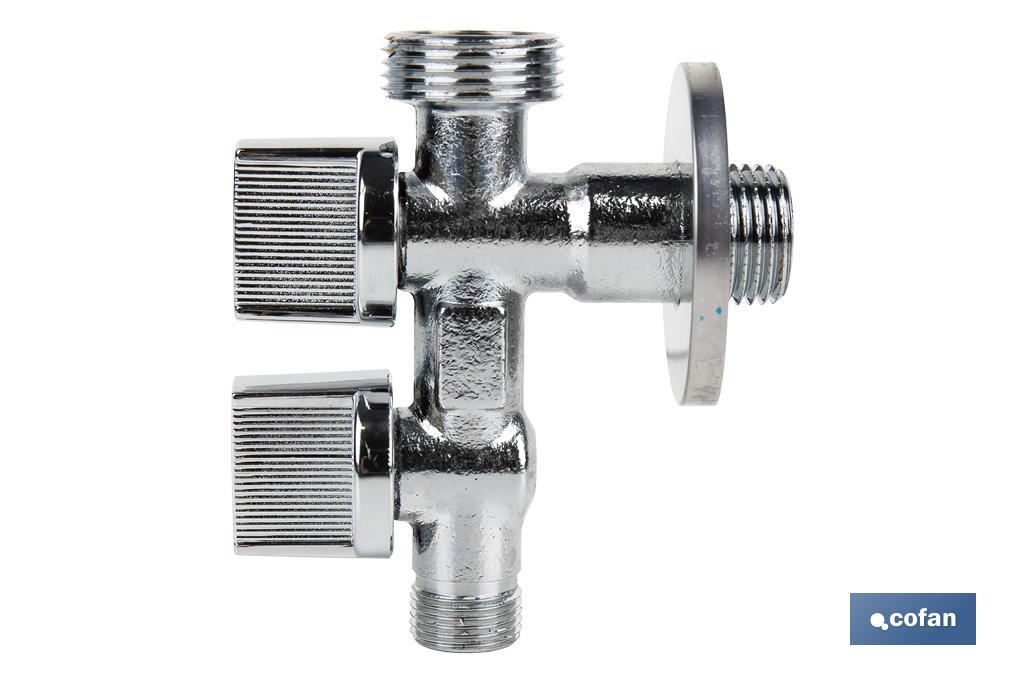 Valve d'Équerre avec Double Sortie | Dimensions : 1/2" x 1/2" X 3/8" | Fabriquée en Laiton CW617N | Filetage d'Entrée de Gaz - Cofan