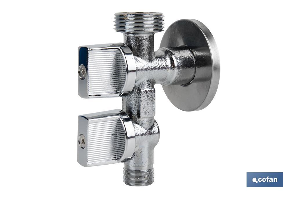 Valve d'Équerre avec Double Sortie | Dimensions : 1/2" x 1/2" X 3/8" | Fabriquée en Laiton CW617N | Filetage d'Entrée de Gaz - Cofan