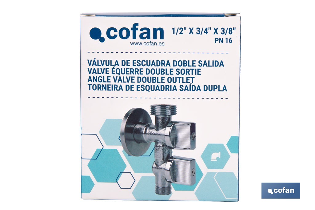 Válvula de Esquadria com dupla saída| Modelo Pistón | Medidas: 1/2" x 1/2" x 3/8" | Fabricada em Latão CW617N - Cofan