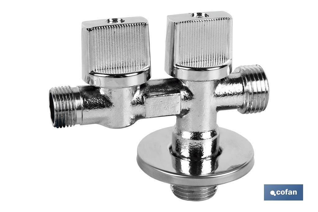 Valve d'Équerre avec Double Sortie | Dimensions : 1/2" x 1/2" X 3/8" | Fabriquée en Laiton CW617N | Filetage d'Entrée de Gaz - Cofan