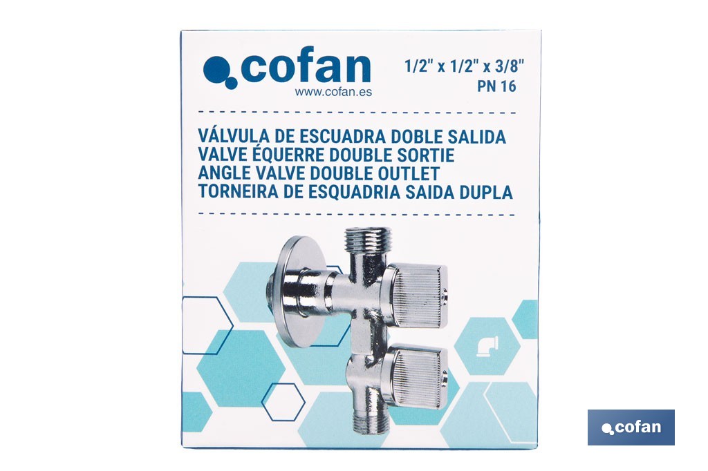 Válvula de Esquadria com dupla saída| Modelo Pistón | Medidas: 1/2" x 1/2" x 3/8" | Fabricada em Latão CW617N - Cofan
