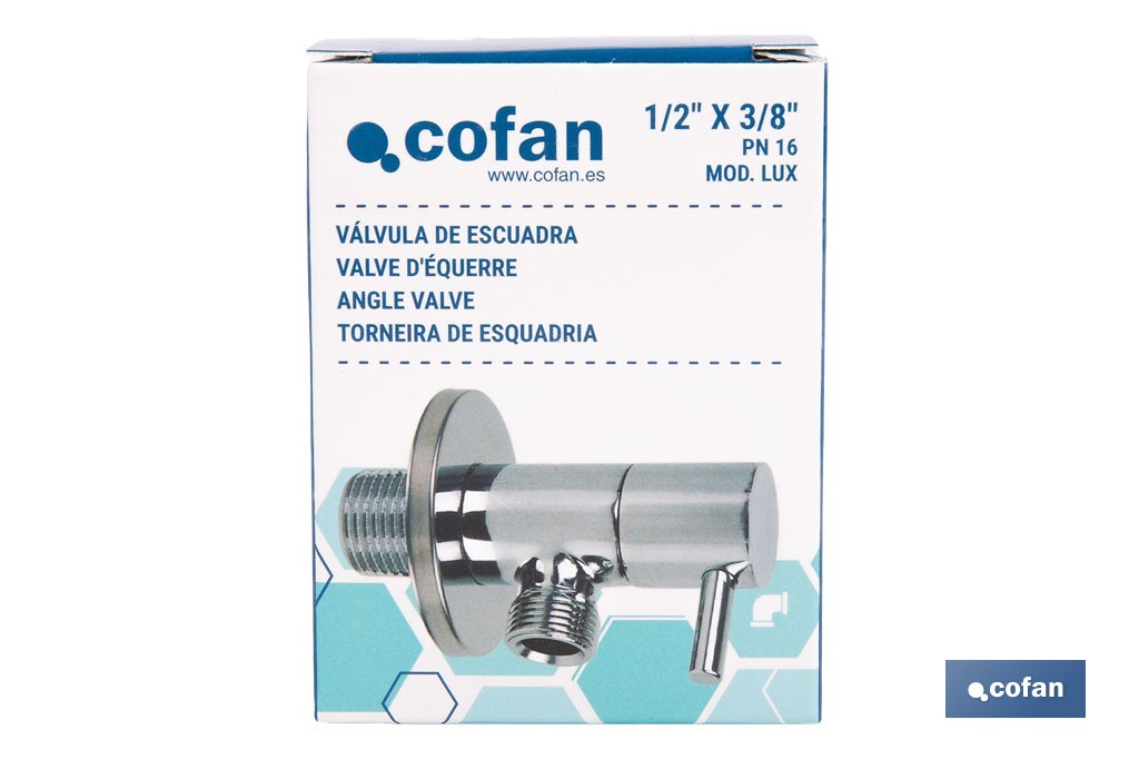 Valve d'équerre Modèle Lux | Système d'ouverture et de fermeture de 1/4 de tour | PN 16 bar | Deux dimensions - Cofan