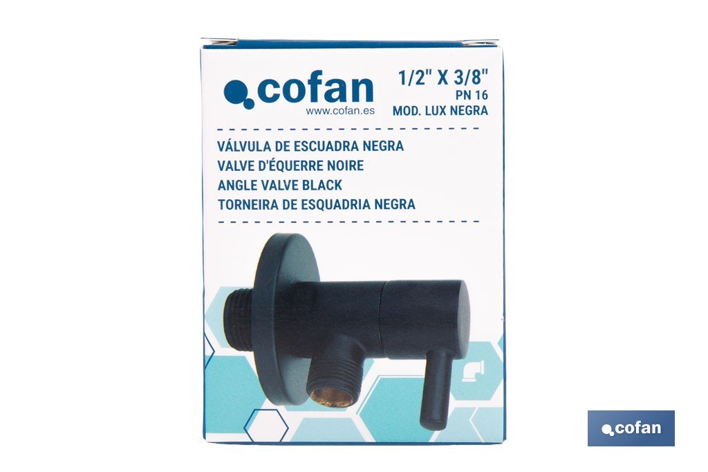 Valve d'équerre Modèle Lux noire | Système d'ouverture et de fermeture de 1/4 de tour | PN 16 bar | Couleur : noir | Deux dimensions - Cofan