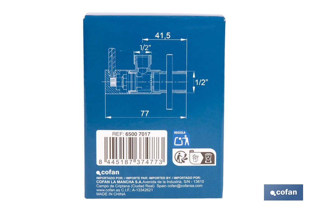 Valve d'équerre Modèle Lux | Système d'ouverture et de fermeture de 1/4 de tour | PN 16 bar | Deux dimensions - Cofan