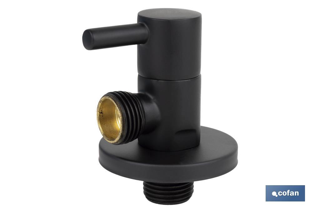 Valve d'équerre Modèle Lux noire | Système d'ouverture et de fermeture de 1/4 de tour | PN 16 bar | Couleur : noir | Deux dimensions - Cofan