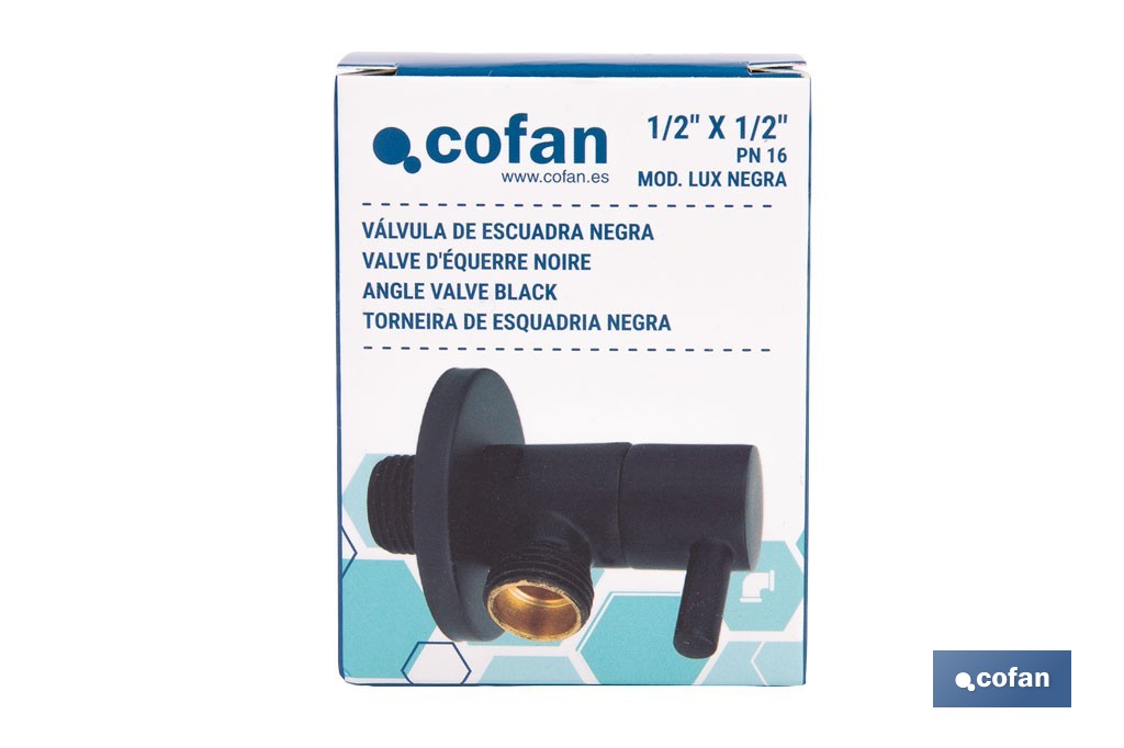 Valve d'équerre Modèle Lux noire | Système d'ouverture et de fermeture de 1/4 de tour | PN 16 bar | Couleur : noir | Deux dimensions - Cofan