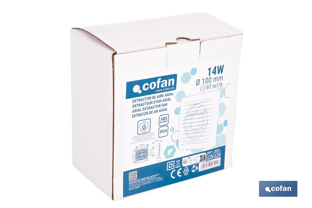 Extractor de aire axial con panel frontal y sistema antirretorno | Protección IP24, color blanco | Disponible en diferentes diámetros - Cofan