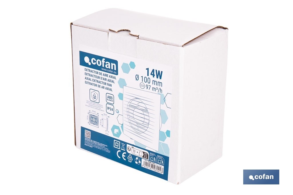 Extractor de aire axial con panel frontal y sistema antirretorno | Protección IP24, color blanco | Disponible en diferentes diámetros - Cofan